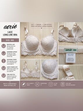 Aerie 36D Ivory Lace Longline Bra Underwire Push Up Balconette Bralette Cream